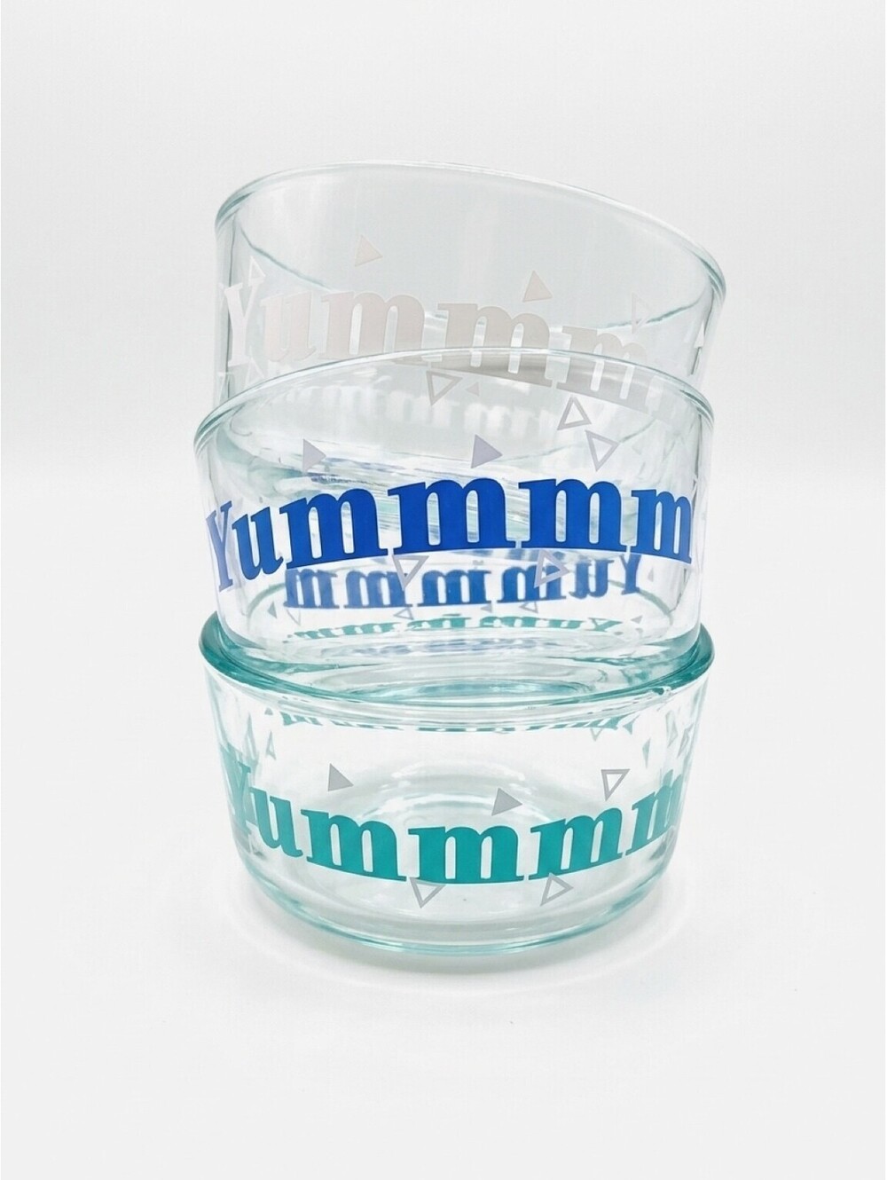 Pyrex M&M's Yummy Glass Storage Bowls Set of 3 Blue Teal Pink No Lids